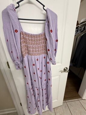 Amazon Lavender Maxi Dress with Red Floral Embroidery